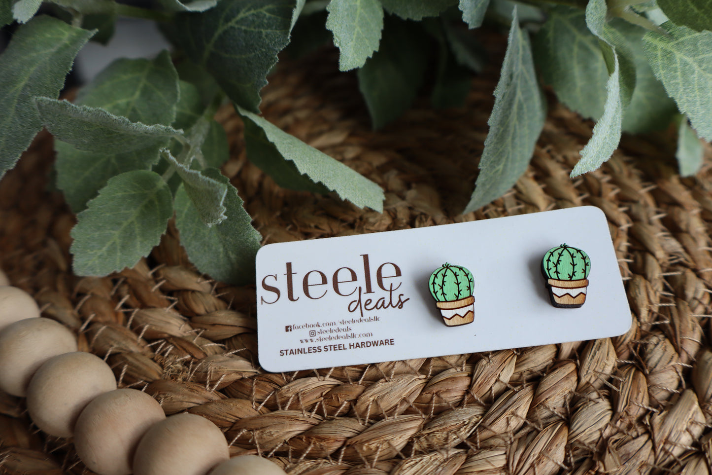 Succulent Cactus Wood Stud Earrings