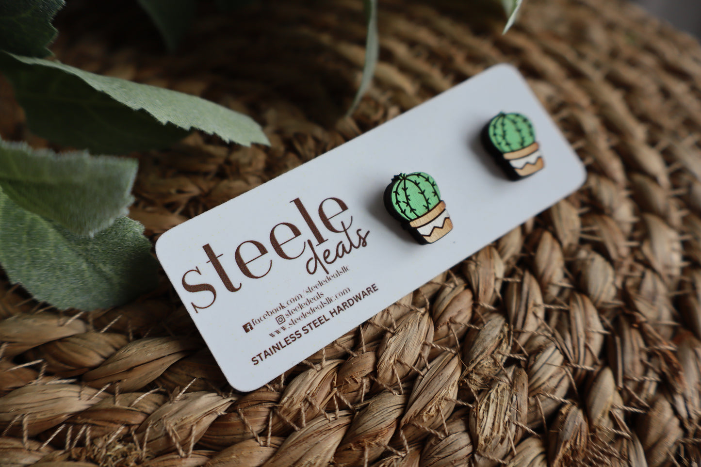 Succulent Cactus Wood Stud Earrings
