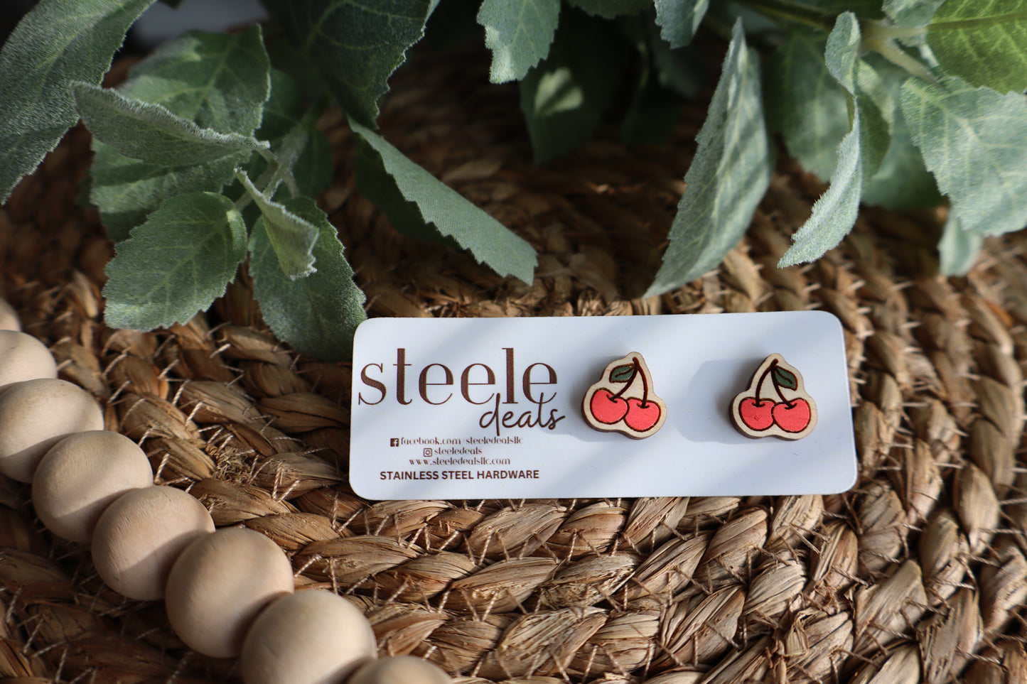 Cherries Wood Stud Earrings