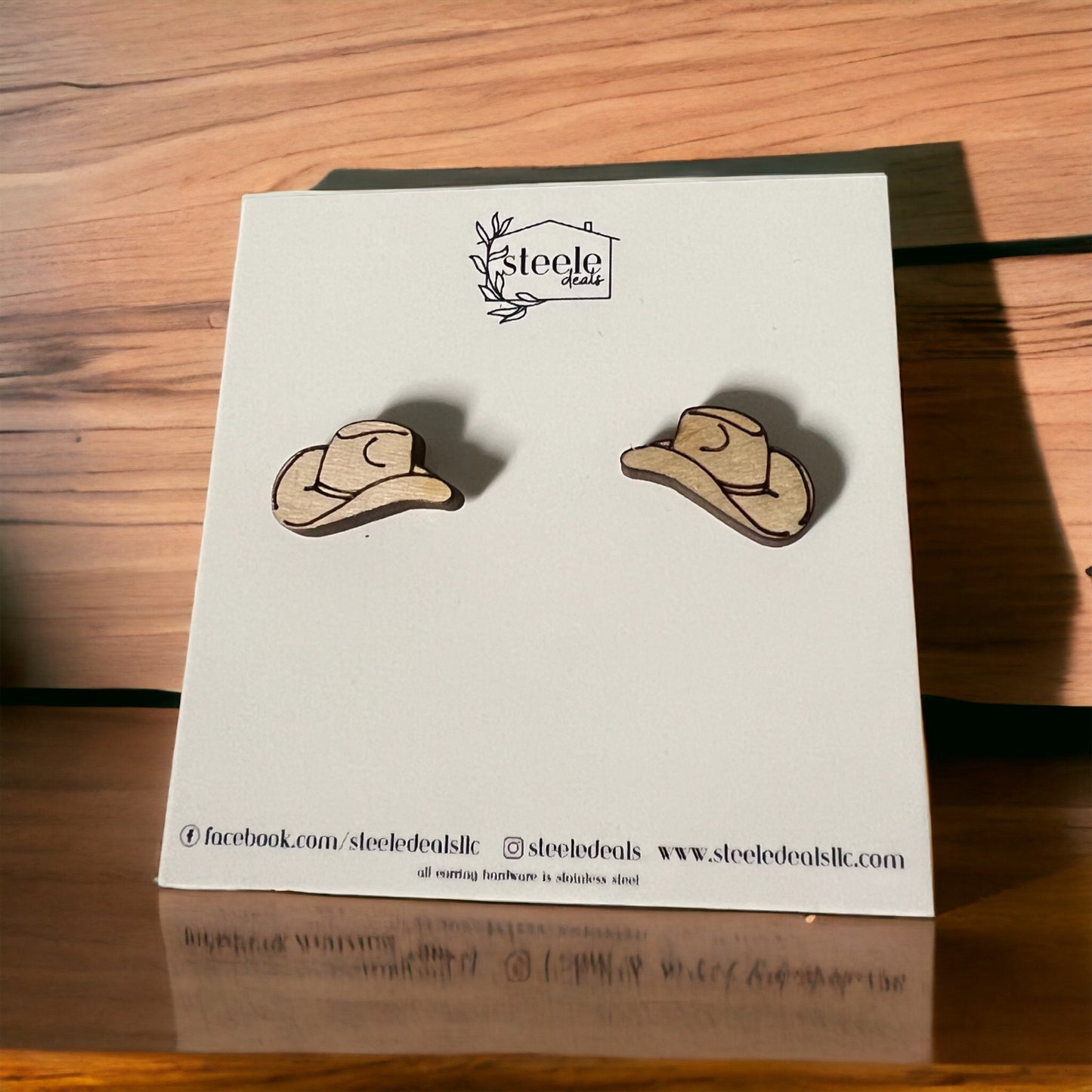 wood stud earrings in the shape of a Cowboy Hat