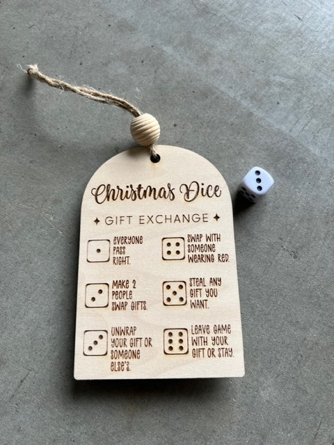 wooden ornament designed with a Christmas Dice gift exchange game  Edit alt text