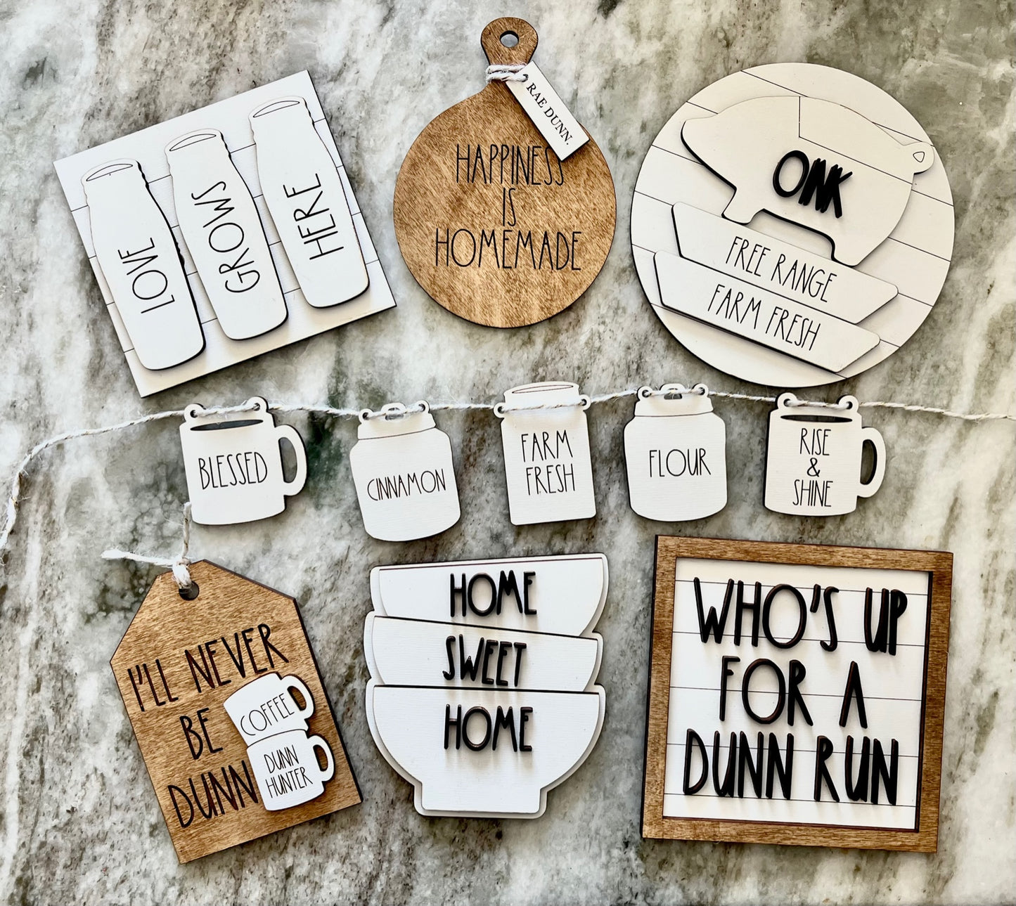 tiered tray set with a skinny font theme
