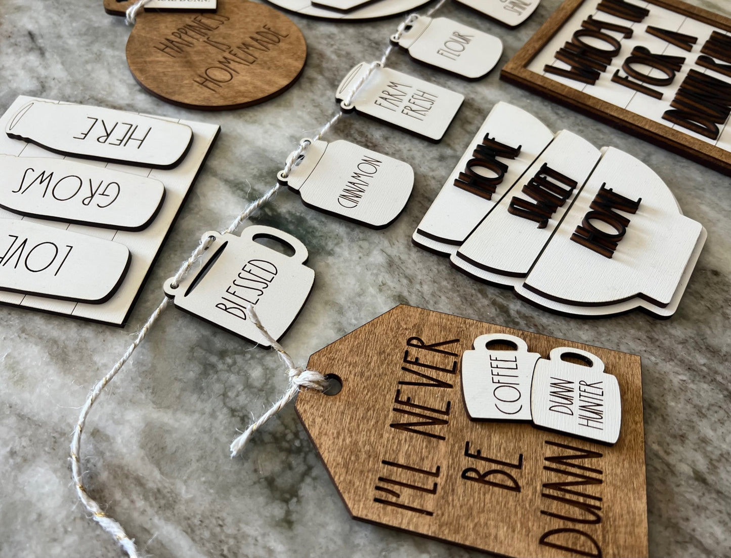 tiered tray set with a skinny font theme