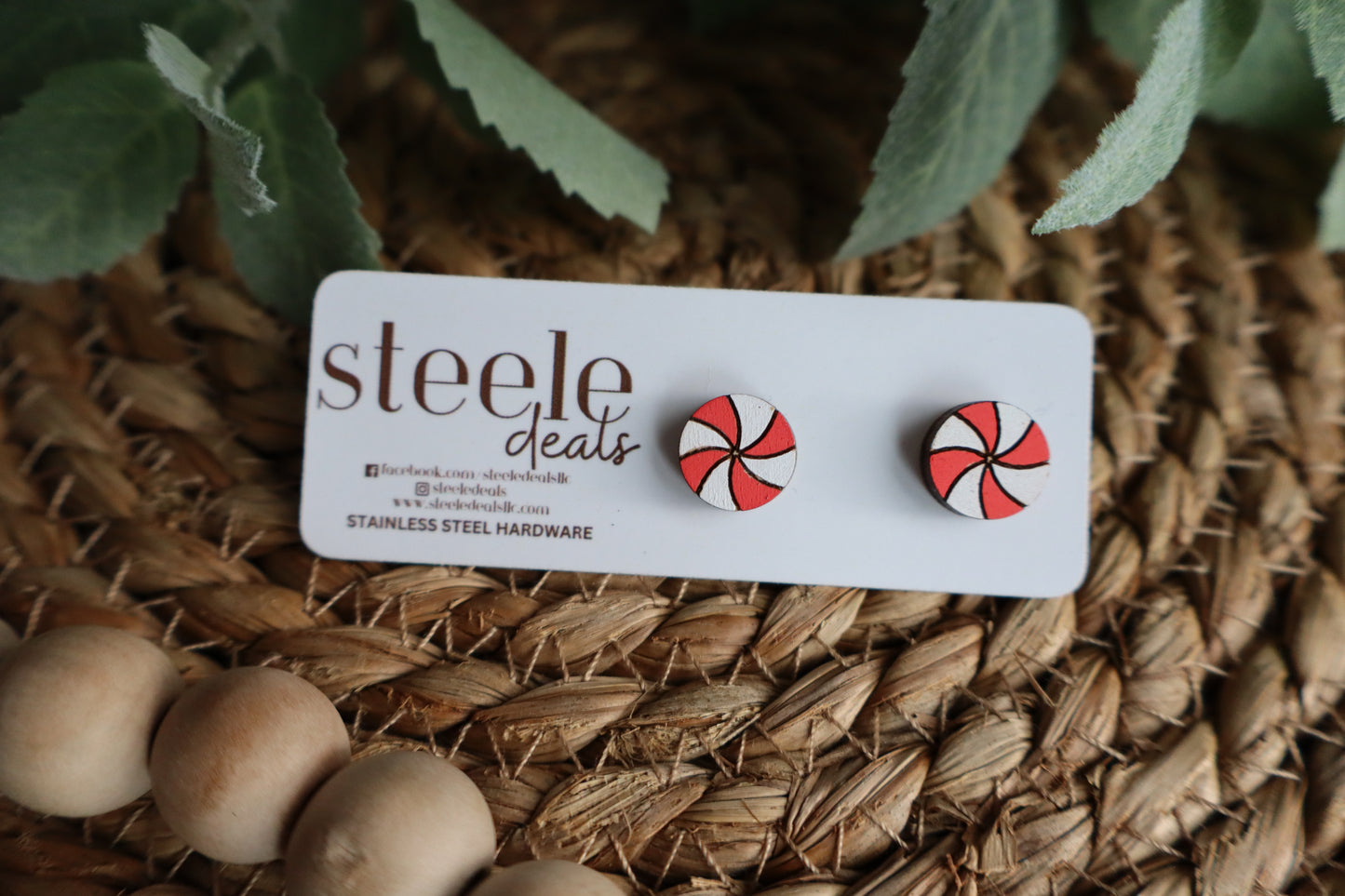 Peppermint Swirl Wood Stud Earrings