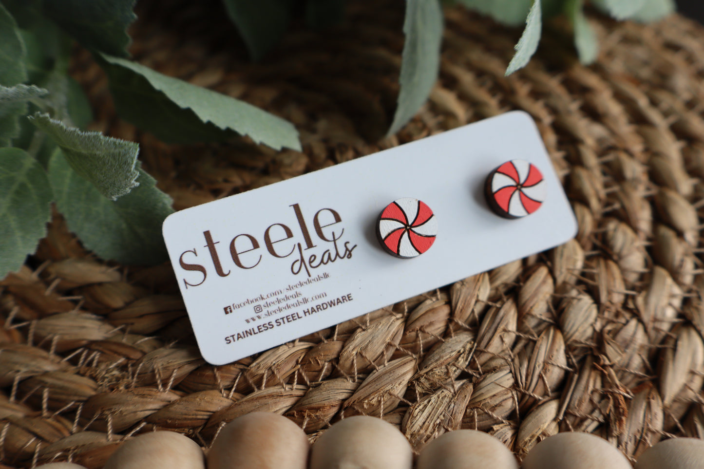 Peppermint Swirl Wood Stud Earrings