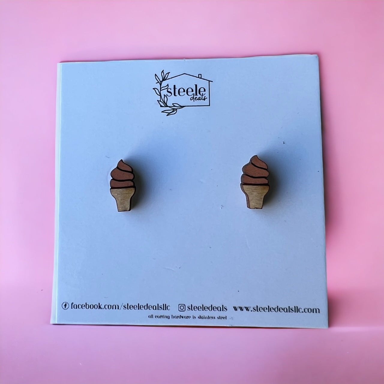 laser cut wooden earrings in the shape of a chocolate ice cream cone