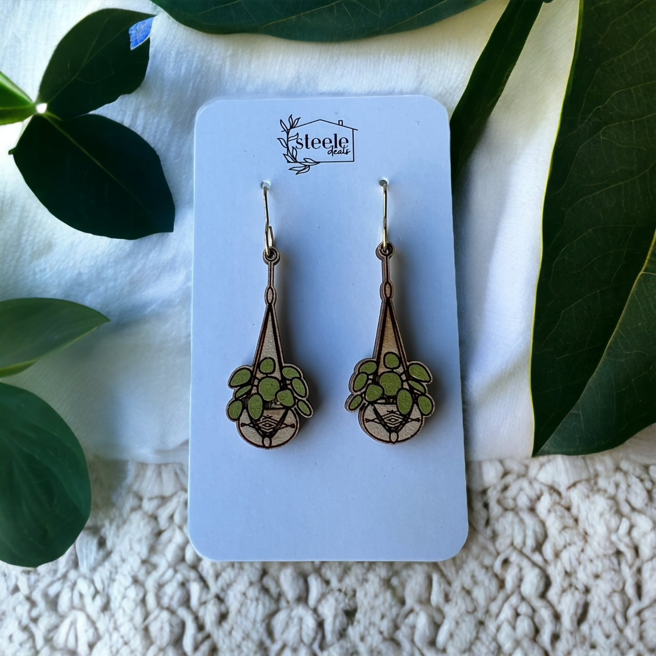 wood dangle earrings in the shape of a hanging plant - plants painted green