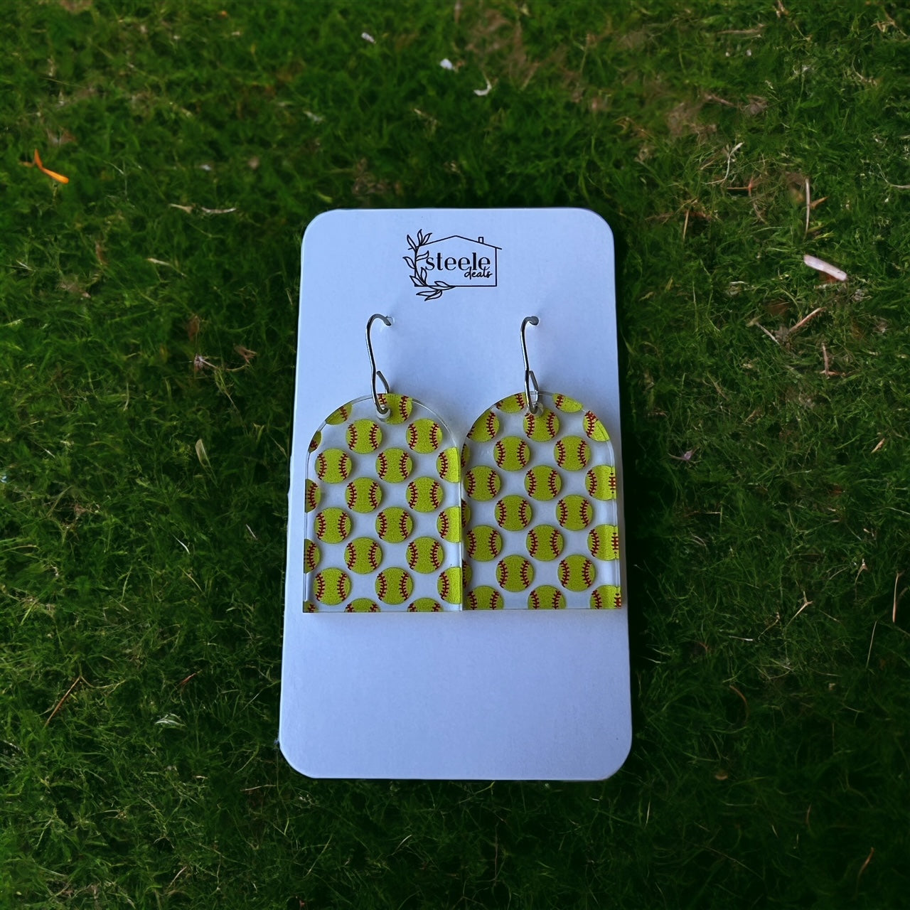 softball pattern on arched dangle earrings