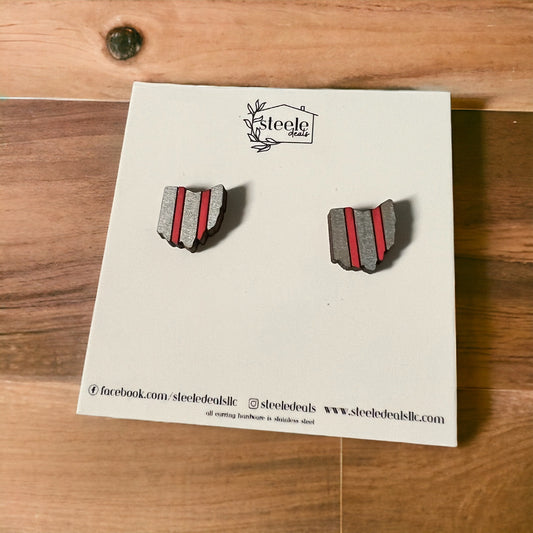 wood stud earrings in the shape of Ohio with a grey and red stripe design