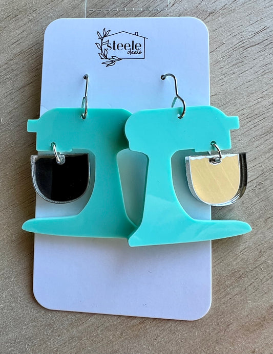 acrylic dangle earrings in the shape of a teal stand mixer