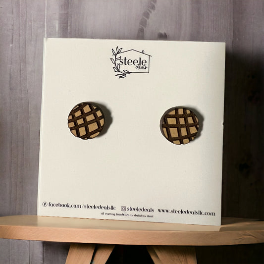 circle wood stud earrings with a criss cross design
