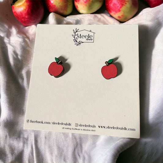 red apple wood stud earrings with green leaf