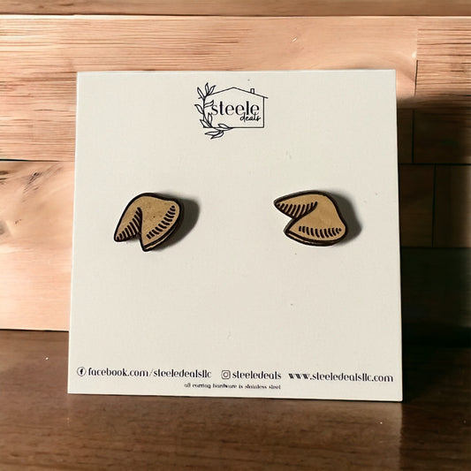 wood stud earrings in the shape of fortune cookies