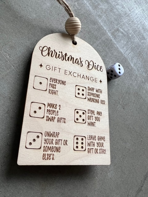 wooden ornament designed with a Christmas Dice gift exchange game 