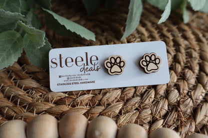 Paw Print Wood Stud Earrings