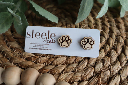 Paw Print Wood Stud Earrings