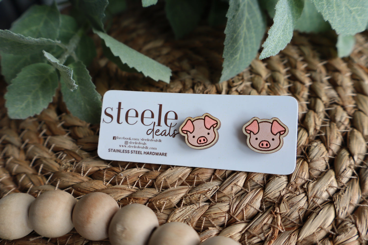 Pig Wood Stud Earrings