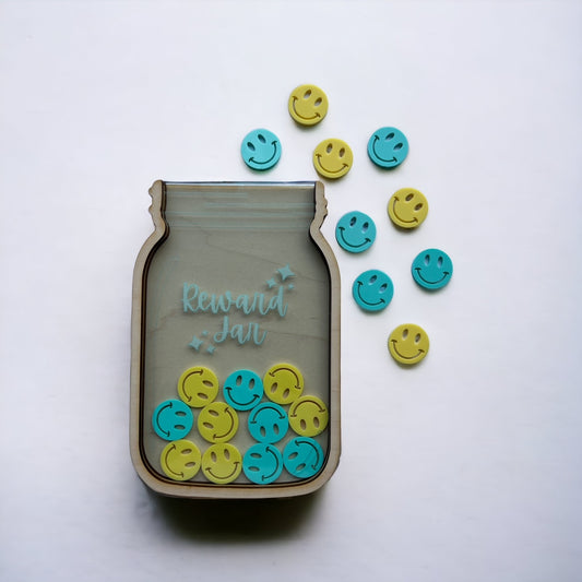 reward jar with yellow and blue smiley face tokens