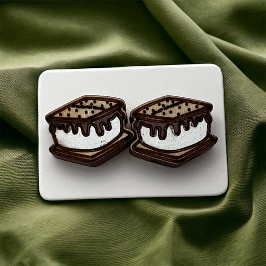 hand painted wooden stud earrings in the shape of a s'more