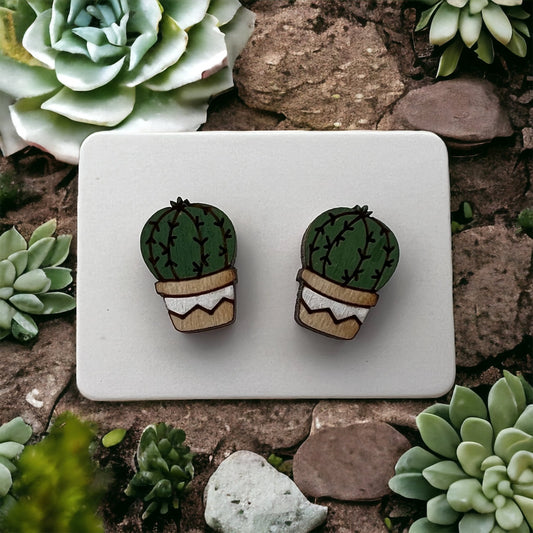 hand painted wooden stud earrings in the shape of a succulent cactus