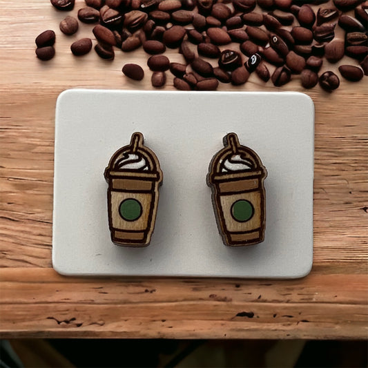 wood stud earrings in the shape of frozen coffee