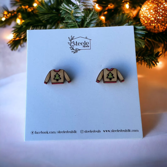 Christmas sweater with tree design, wood stud earrings