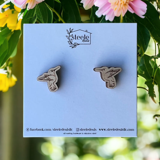 wood stud earrings in the shape of hummingbirds