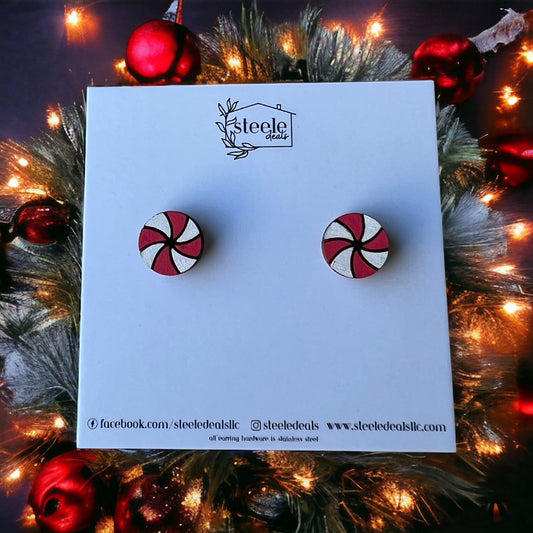 circle wood stud earrings with a hand painted peppermint swirl design
