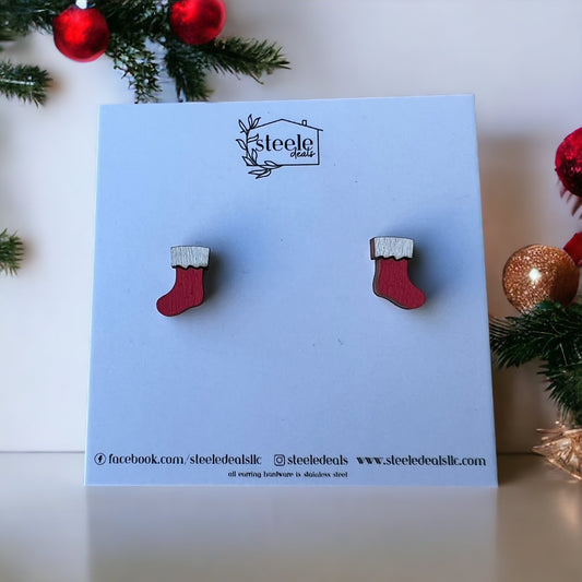 red stocking wooden stud earrings