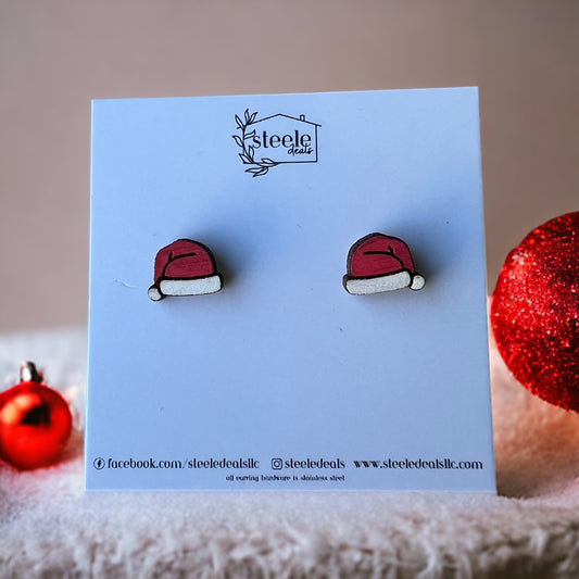 red Santa hat wood stud earrings