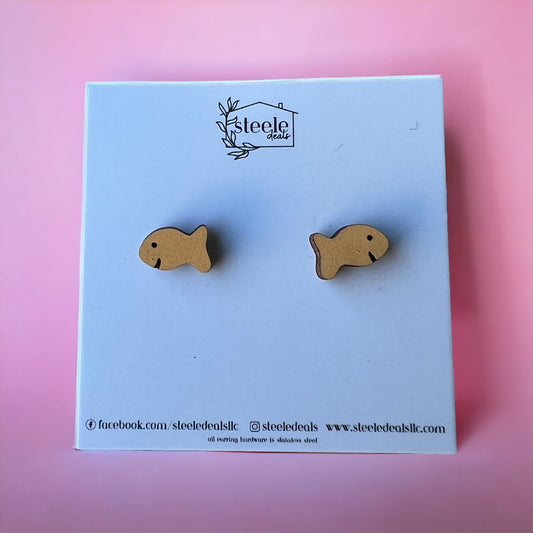 wood stud earrings in the shape of goldfish