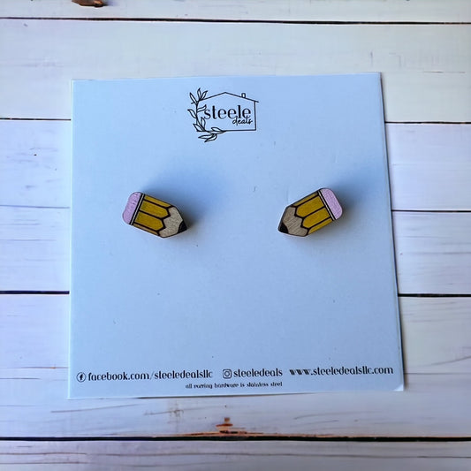 hand painted wood stud earrings in the shape of a classic yellow pencil
