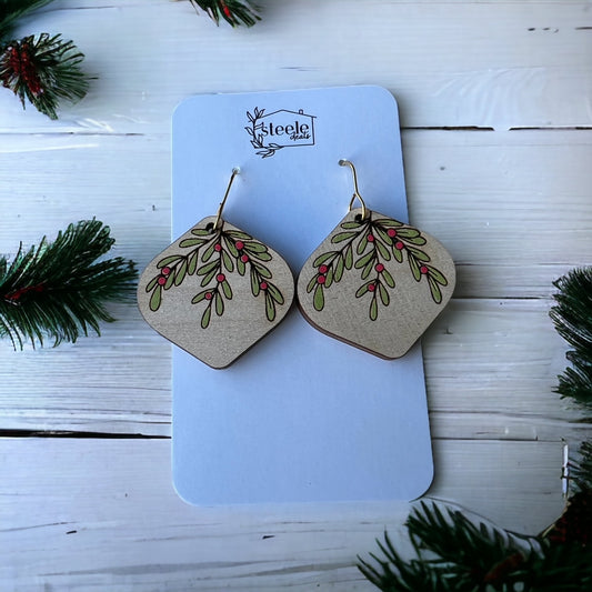 wood oblong dangle earrings with a hand painted holly berry design