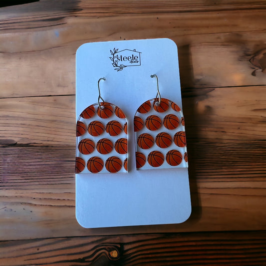 basketball pattern on arched dangle earrings  Edit alt text