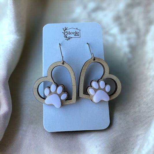 wood heart shaped dangle earrings with acrylic paw print