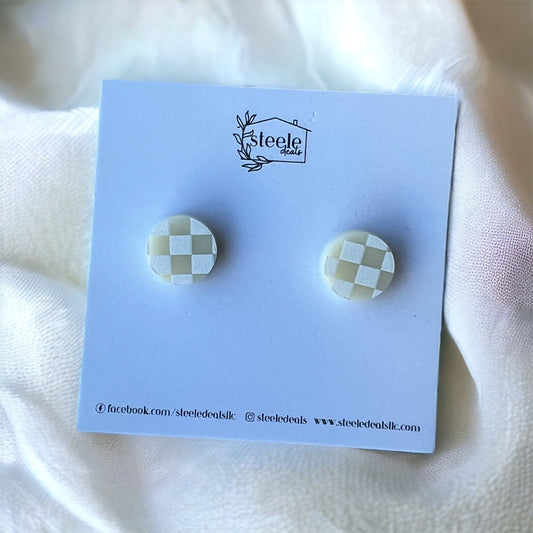 Ivory and White Checkered Acrylic Stud Earrings