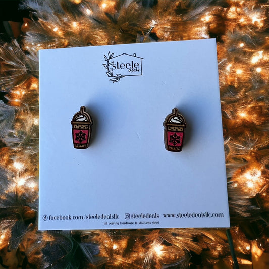 wood stud earrings in the shape of iced coffee with a red sleeve and snowflake in the center