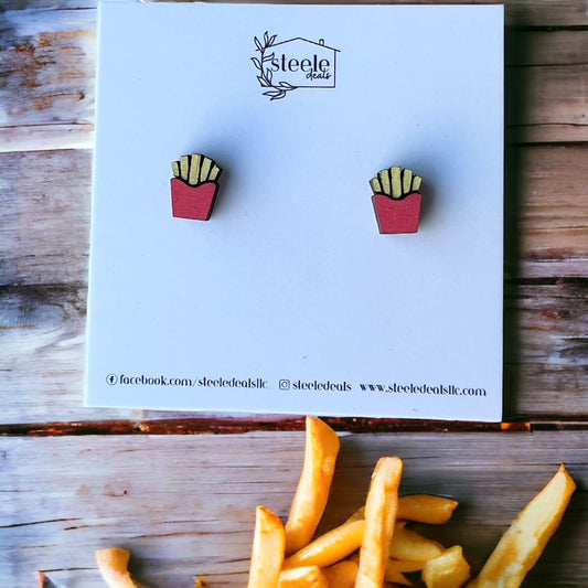 wood stud earrings in the shape of french fries in a red box