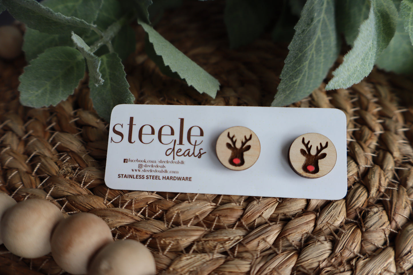 Reindeer Wood Stud Earrings