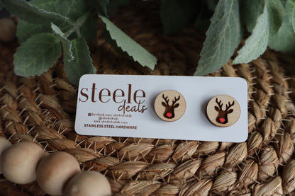 Reindeer Wood Stud Earrings