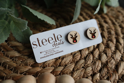 Reindeer Wood Stud Earrings