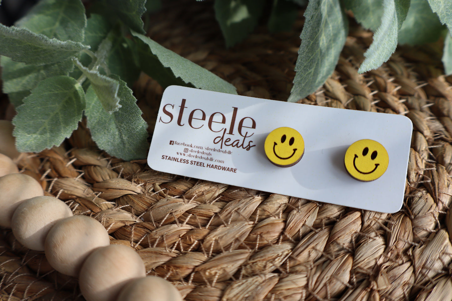 Yellow Smiley Face Wood Stud Earrings