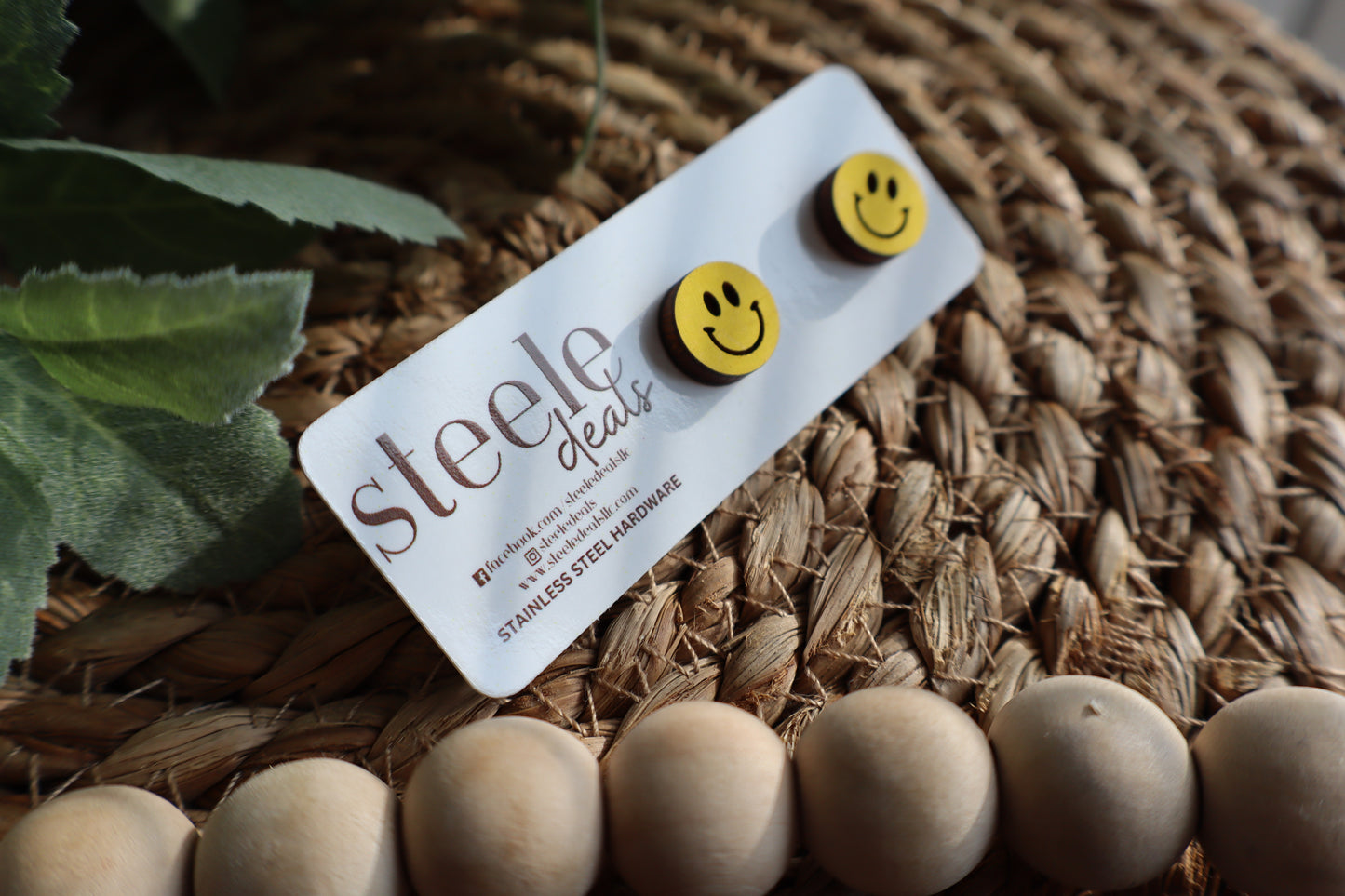 Yellow Smiley Face Wood Stud Earrings