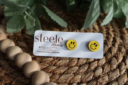 Yellow Smiley Face Wood Stud Earrings