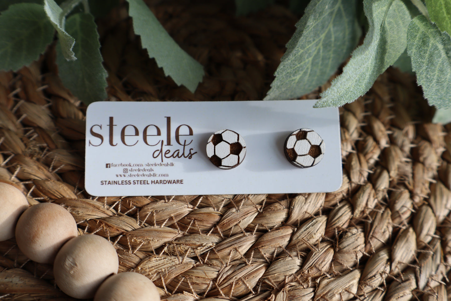 Soccer Ball Wood Stud Earrings