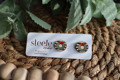 Holiday Wreath Wood Stud Earrings