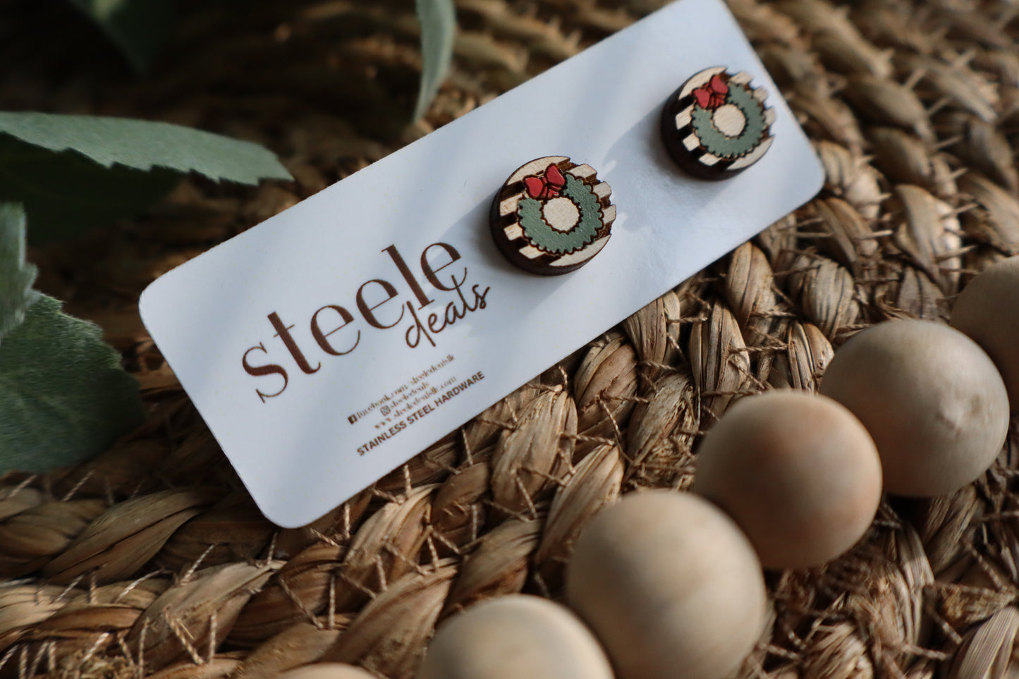 Holiday Wreath Wood Stud Earrings